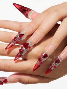 nailrosy 10Pcs Y2K Handmade Press On Nails Long Almond Red Silver  DIY Rhinestone Cat Eye Ruby Design Nail Gems Gift Box Included Nail Supplies Fake Nails Stickers Goth Manicure Y2K Cute Suitable For Girls And Women Festivals Parties And Daily Wear French Clear - 紅色 - 查看 12