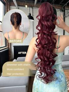 28英寸长酒红色爪形马尾接发，自然波浪，耐热合成马尾假发，适合女孩和女士日常佩戴及派对场合。 - 酒紅色 - 查看 4
