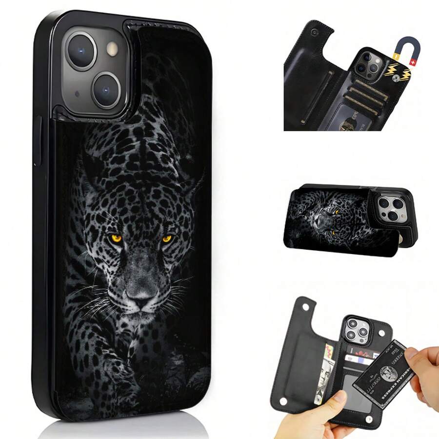 Night Leopard Pattern Faux Leather Magnetic Case Compatible With IPhone 17 Pro Max, 17 Air, 16 Pro, 15, 14 Plus, 13 And 12 It Also Works With  S25 ULTRA/ S25/ S24 ULTRA/ S24/ S23 ULTRA/ S23/ S22 ULTRA And Accepts Credit Cards, Room Cards And. Christmas Accessories. Suitable For IPhone 17 Pro Max Phone Case, Exquisite High-Definition Printed Phone Case, Perfect Christmas Gift For Family, Boyfriend/Girlfriend, Personal Phone Case, Christmas Gift, Fashionable Phone Case, Card Bag Style Phone Case, Wallet Style Phone Case - 粉色 - 查看 1