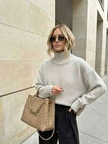 Women's Casual High Neck Sweater, Loose Fit Gray Knit Top, Autumn/Winter