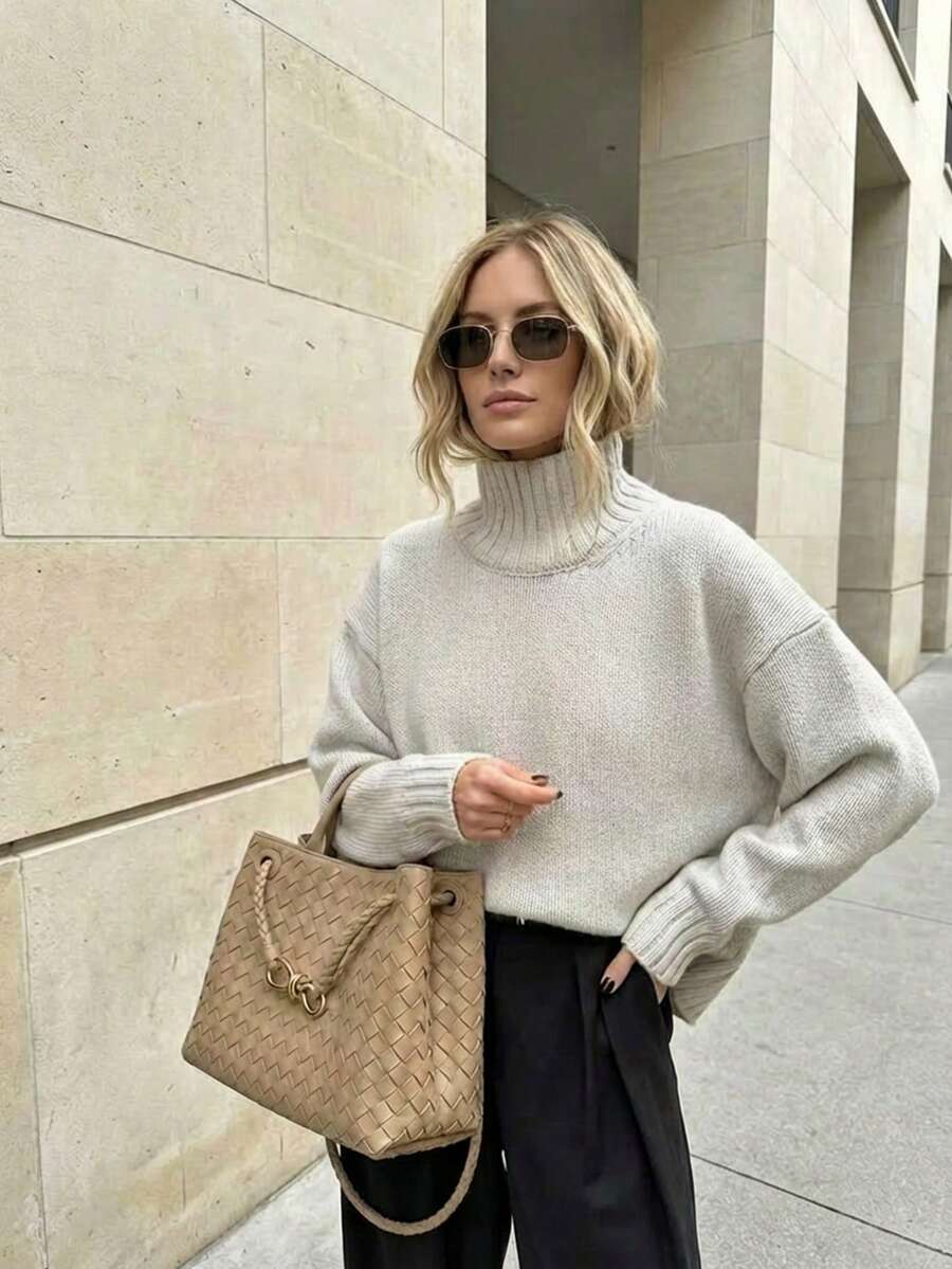 Women's Casual High Neck Sweater, Loose Fit Gray Knit Top, Autumn/Winter