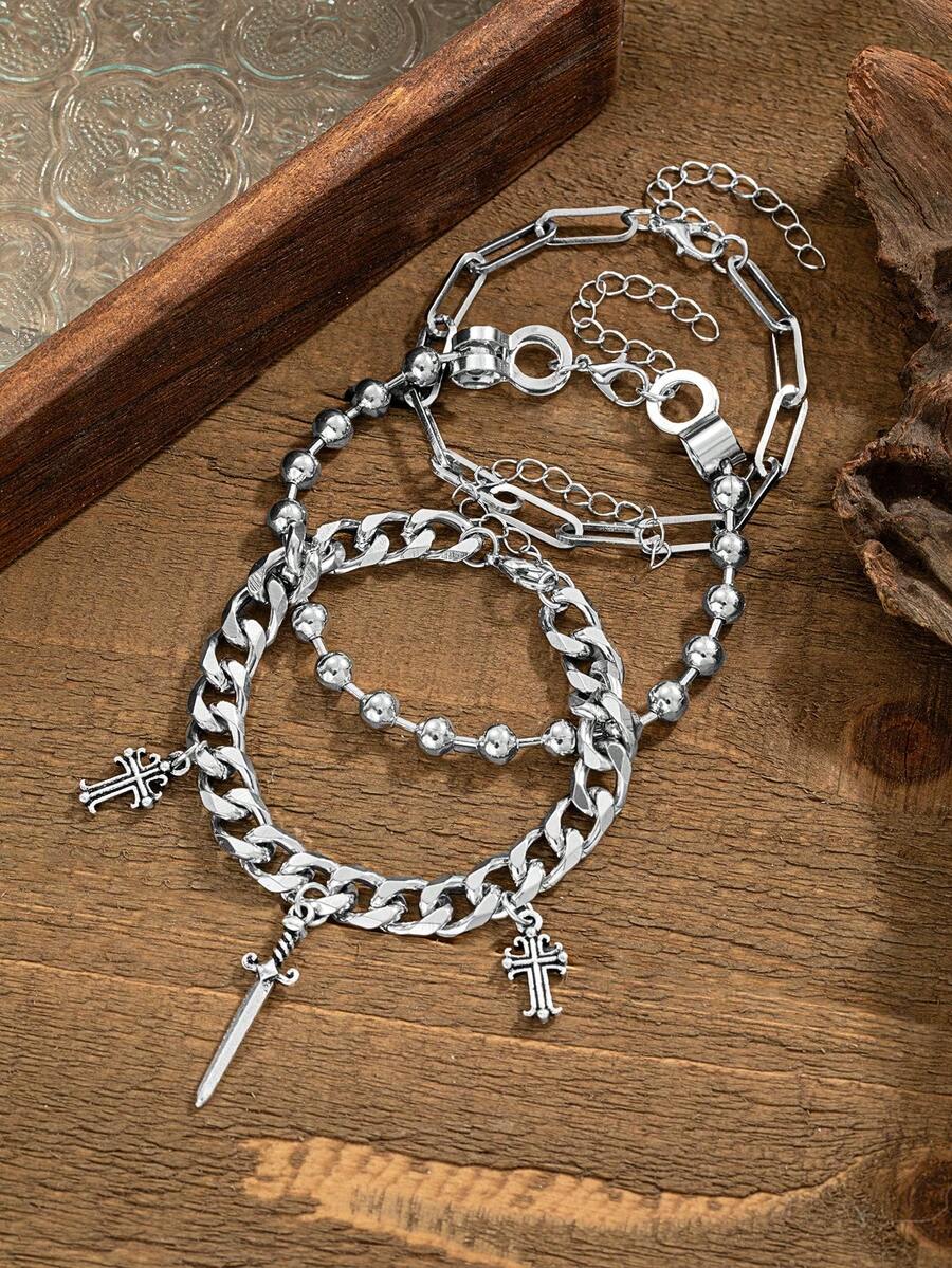 3件套多层男士链叠戴手链套装，可调节吊坠腕链饰品，个性嘻哈风格，日常佩戴 - 彩色 - 查看 1