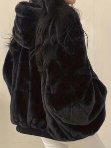 大码女式双面羊羔绒外套，大码修身剪裁，休闲百搭实用风保暖两穿飞行员夹克 - 黑色 - 查看 3