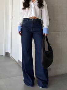 Women's Oversized Fitted Denim Bell Bottoms, Ripped Jeans, Slanted Pockets, Clothes For Tall Women, Christmas Clothing, Most Popular Among Women When Going Out, Stretch Jeans - 寶藍色 - 查看 4
