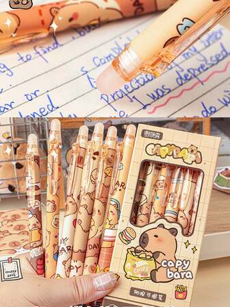 Bolígrafo de gel borrable térmico con diseño exquisito y lindo de capibara, caja de regalo para oficina y aprendizaje, regalo de papelería para estudiantes, escritura caligráfica diaria con secado rápido, cabeza de bolígrafo de gel que se puede borrar, estuche de lápices de múltiples capas y gran capacidad, útiles escolares perfectos para estudiantes y regalos de Navidad