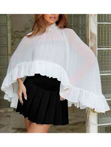 Chiffon Cape For Women Mock Neck Sheer Mesh Shawl Wraps Asymmetrical Flowy Ruffle Capelets For Evening Crop Cover Up Poncho - 白色 - 查看 4