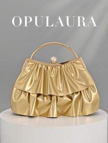Túi cầm tay dự tiệc OpulAura thanh lịch quyến rũ dành cho nữ, Túi xách thiết kế bèo nhún cho đầm dạ hội, Thích hợp cho đám cưới/kỳ nghỉ/tiệc trang trọng/dạ hội, Có kèm dây xích - Vàng - Xem 2