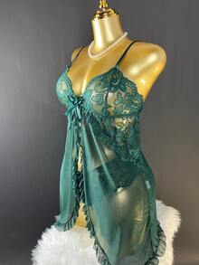 SOFUSEN Floral Lace Chemise Set - Sheer Mesh With Garter Belt, Ruffled Trim Adjustable Lingerie - Green - View 1