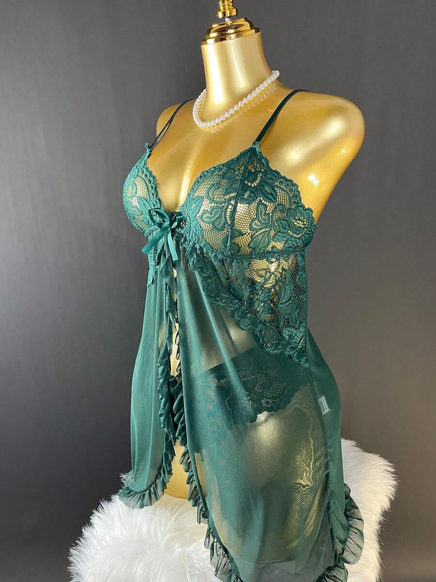 SOFUSEN Floral Lace Chemise Set - Sheer Mesh With Garter Belt, Ruffled Trim Adjustable Lingerie - Green - View 1
