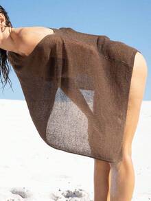 Women Asymmetrical Knit Poncho Knitted Wrap Shawl Sweater Knitted Crochet Fall Cape Top - 淺棕 - 查看 6