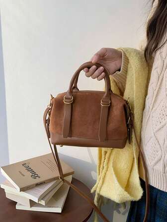 复古棕色麂皮女士手提包，2025新款韩版时尚保龄球包，多功能单肩包，冬季款