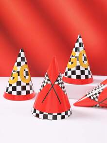 6顶赛车主题生日派对帽，“Let's Go Racing”纸质派对帽，适合赛车主题生日派对装饰，赛车旗图案派对锥形帽，赛车主题男孩生日派对装饰，性别揭晓派对用品，赛车运动主题生日派对装饰，赛车主题生日拍照道具，赛车主题生日派对小礼物 - 賽車主題 - 查看 5