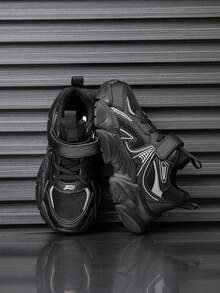 1 Pair Kids Sports Shoes, Suitable For All Seasons, Color Blocking Design, Comfortable Breathable, Versatile, Lightweight, Non-Slip, Durable, Indoor & Outdoor, Fashion New Style Running Sneakers For Children - Black - View 3