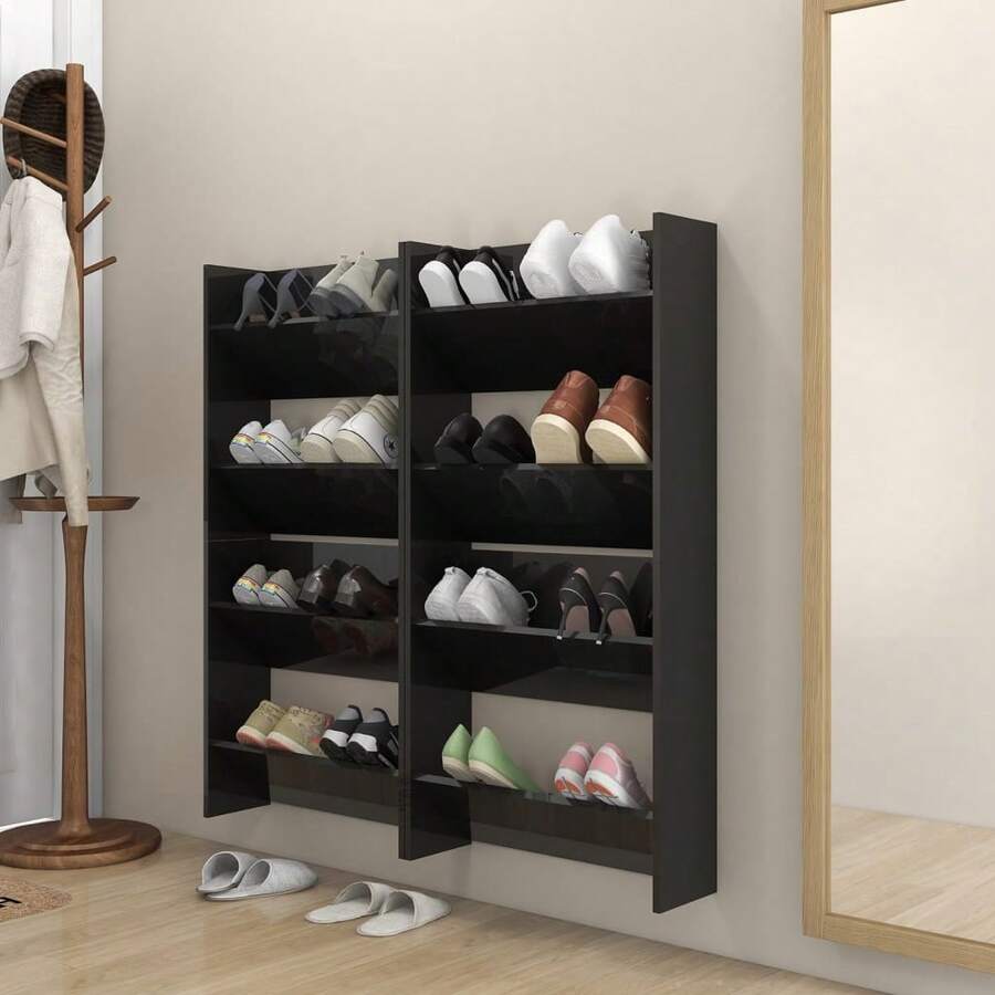 vidaXL Szafki na buty montowane na ścianie, 4 szt., połyskująca czerń, 60x18x60 cm - Brązowy - Zobacz 1