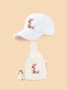 2件套女童白色26字母粉色玫瑰卡车帽套装，时尚可爱轻便遮阳帽，适合作为生日/节日礼物，适合春夏户外活动、登山、上学、玩耍 - 白色 - 查看 8