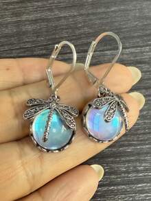 2件套复古蜻蜓蓝绿色水晶吊坠耳环，迷人女士饰品，波西米亚风派对耳环 - 蜻蜓 - 查看 9