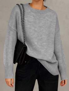 Women's New Style Crew Neck Drop Shoulder Long Sleeve Ribbed Cuff, Stylish Retro Casual Pullover Knit Sweater, Fall And Winter - Grey - View 1