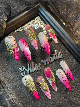 10件套尖头美甲贴片，粉白美甲，白色法式，玫瑰红扎染，手绘几何图案&棕色圆点&金属花朵&3D立体水滴，3D立体钻石美甲配件，Y2K风格可佩戴美甲套装，适合女性日常佩戴及派对场合（内含：一片果冻胶和一条摩擦条）美甲用品