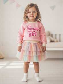 Toddler Girl Spring Outfit Letter Embroidery Sweatshirt With Tulle Mini A Line Skirt 2Pcs Set - Pink - View 1