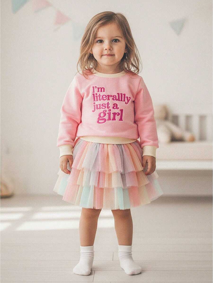 Toddler Girl Spring Outfit Letter Embroidery Sweatshirt With Tulle Mini A Line Skirt 2Pcs Set - Pink - View 1