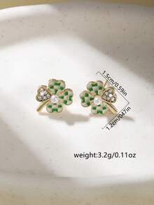 1对韩式格纹四叶草花耳钉（无礼盒） - 金黃色 - 查看 5