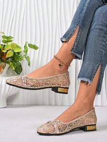 hanxiangyuzu 女士镶钻平底鞋，舒适方头芭蕾平底鞋，低跟礼服鞋，亮面平底鞋 - 金色 - 查看 4