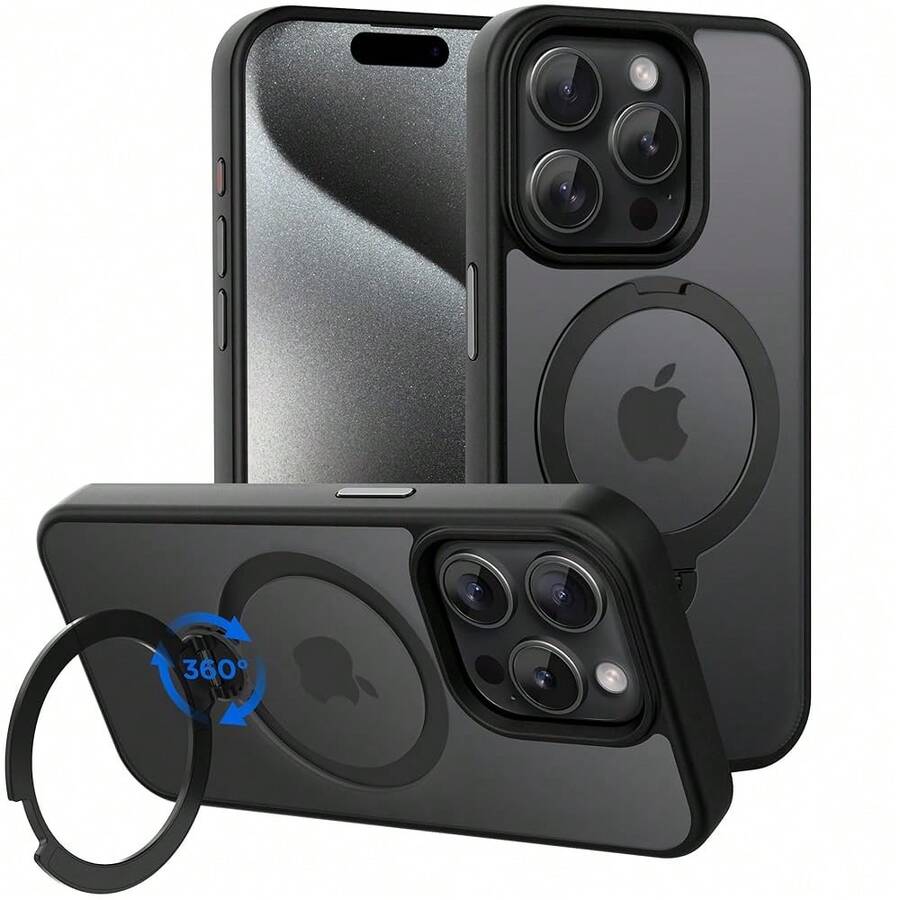 Magnetic Case For For IPhone 15 Pro 6.1 Inch With 360 Rotatable Ring Stand, Compatible With Mag Car Phone Mount, Cases Cover Phone Holder For Desk Meeting/Videos Matte Black,For For IPhone15Pro,MatteBlack - đen mờ - Xem 1