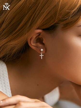 SYMFNY 1 par de pendientes de plata de ley 925 con colgante de cruz simple y circonita cúbica, adecuados para el uso diario de las mujeres