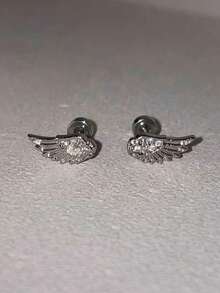 1对时尚银色锆石翅膀耳钉和心形十字架耳钉，奢华闪亮水晶几何耳夹首饰，女士礼物