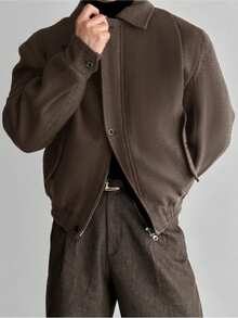 男士高品质厚重翻领羊毛混纺短款夹克，美式复古休闲时尚轻薄风衣，适合春秋冬季 - 棕色 - 查看 2