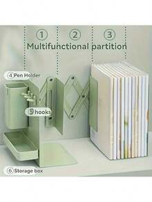 A Set Of Sturdy, Durable,,Desk Accesorries,Office Decor,útiles,Local Warehouse Items Escolares, Multifunctional Retractable Bookends With Pen Holder Hooks And Storage Boxes, 6-Piece Folding Space-Saving Desktop Storage Rack, Thick Partition Metal Book Storage Rack - màu xanh lá - Xem 1