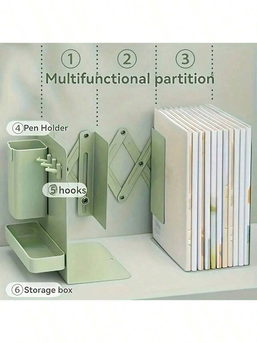 A Set Of Sturdy, Durable,,Desk Accesorries,Office Decor,útiles,Local Warehouse Items Escolares, Multifunctional Retractable Bookends With Pen Holder Hooks And Storage Boxes, 6-Piece Folding Space-Saving Desktop Storage Rack, Thick Partition Metal Book Storage Rack - màu xanh lá - Xem 1