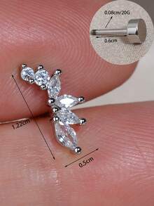 1 pieza Pendientes de perforación plana con barra de cristal CZ 20G para trago, cartílago, hélice, concha, roca, estándar plano, joyería para mujer - Un pendiente de circonita redondo y curvado - Ver 3