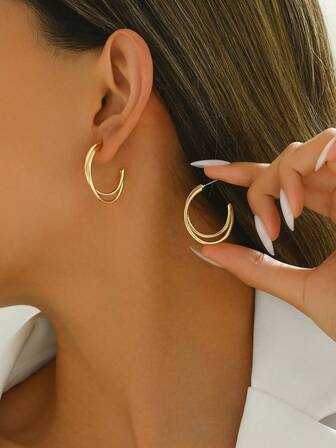 1对简约半圆形C形耳环，百搭日常佩戴，适合女性