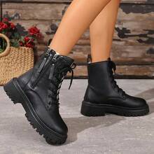 Super Warm Winter Boots - Non-Slip Thick Sole, Polar-Grade Warmth, Low Heel, Round Toe, Solid Color Simple Design, Suitable For Outdoor Hiking, Artificial Leather Upper, PU Sole, Fabric Lining, Hiking Boots - màu đen - Xem 1