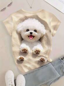 Women's Cute Fluffy White Puppy 3D Graphic Beige Short Sleeve T-Shirt, Casual Summer