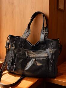 2026 Frühjahr/Sommer Neue schwarze weiche PU-Leder Damen Shopper Tasche, passt 16-Zoll Laptop, A4 Akten, Krokodilleder-Textur, Multi-Fach-Design, Reißverschluss-Verschluss, Großes Fassungsvermögen, vielseitig für Pendeln, Schule, Reisen, Einkaufen, Dates, Schulter- und Umhängegurt enthalten - Schwarz - Übersicht 8