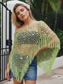 Sequin Crochet Cover Up For Women Hollowed Tassel Off Shoulder Knitted Poncho  Coverup Tops - Màu xanh Bạc hà - Xem 5