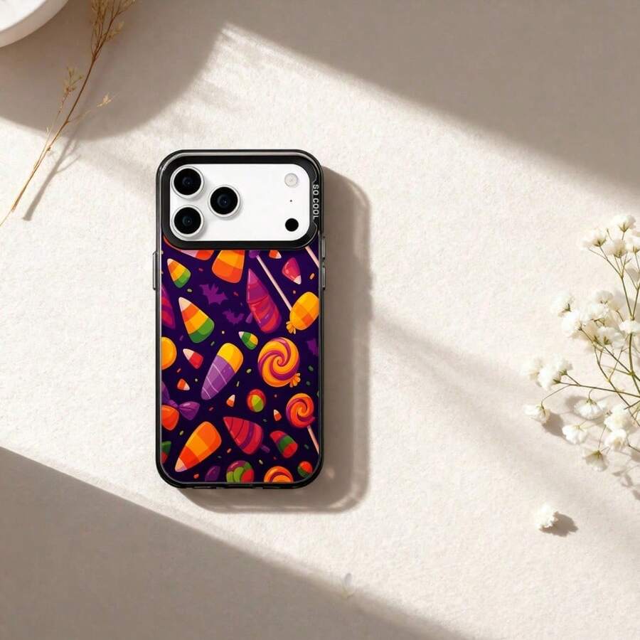 Adorable Phone Case Featuring a Candy Corn And Lollipop Design, Perfect for Halloween. It Comes in Purple And Is Compatible with for Models 17, 17 Pro, 17 Air, 17 Pro Max, As Well As 16, 15, 14, 13, 12 Pro, Pro Max, Plus, And Models S22, S23 - Negro - Ver 1