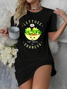 Salad The Taste Of Sadness Design Funny Diet T-Shirt Dress Women's Dress, Casual Summer Dress - màu đen - Xem 5
