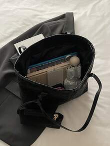 2pcs/Set New Large Capacity Leopard Print Faux Leather Tote Bag, With Dual Handles, Ideal For Commuting, Work Or School. This Roomy, Lightweight Tote Bag Combines Classic Casual And Business Casual Styles. It Is Very Suitable For Young Women, College Students And Working Professionals, Easily Adapting To Work Environments, Back-To-School Seasons, High School/College Life, And Holiday Travels. A Fashionable Zipper Tote Bag. - Black - View 6