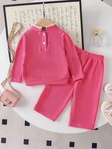 2pcs Baby Girls Cute Faux Pocket Long Sleeve Sweatshirt And Straight Leg Pants Set, Spring/Autumn - Hot Pink - View 3