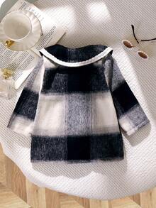 Street Style Peter Pan Collar Wool Blend Pocket Long Sleeve Jacket, Autumn/Winter - Black and White - View 3