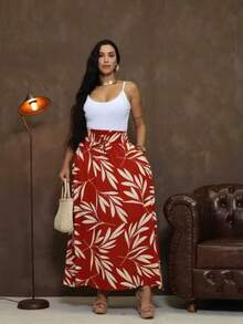 Long, Printed Viscose Skirt, Lined, High Waist With Pockets And Side Slits. - 紅色 - 查看 2