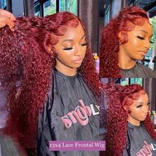 Burgundy 99J Water Wave Lace Front Wigs Human Hair 99J Water Curly Wigs 13x4 HD Lace Frontal Wigs For Human Hair Wine Red Colored Wet And Wavy Curly Wigs Glueless Human Hair Lace Front Wigs 250% Density - S99J - 查看 2