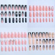 4 Sets Of 96pcs Medium Long Square Press-On Nails, Dark Princess Full Rhinestones Ring, Pentagram, Love Heart, Black French Tips, Pink & White Romantic Styles, Fake Nail Kit With 4 Jelly Glue Sheets & 4 Nail Files - ABS - View 4