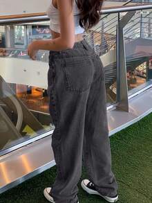 Quần jean ống đứng cạp cao cổ điển, quần denim ống rộng rộng rãi, đa năng, dài chấm đất, quần cotton thường ngày, trang phục công sở cho nữ, trang phục đi chơi, trang phục công sở cho nữ, quần trắng - màu đen - Xem 4