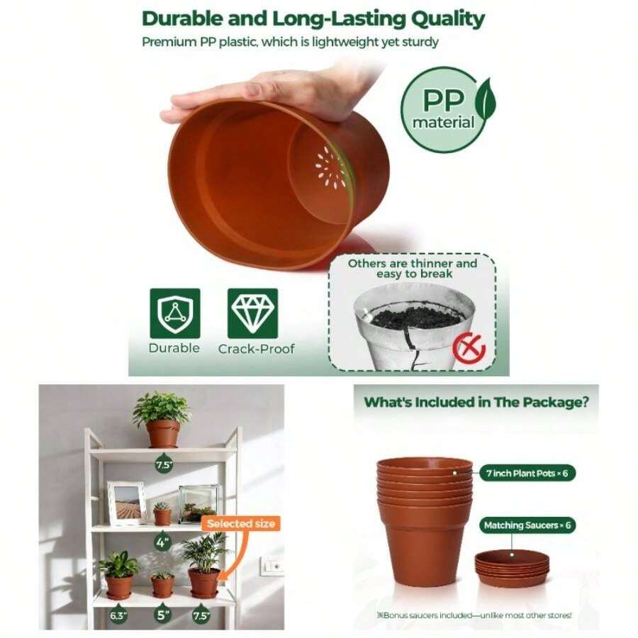 . 5 Inch Plant Pots 6 Pcs, Flower Pots Plants, Plastic Pots Plants with Drainage Holes and Saucer, Planters Indoor Plants 6 Pcs. 5 inch Pots - Terracota + 7,5 pulgadas - Ver 1