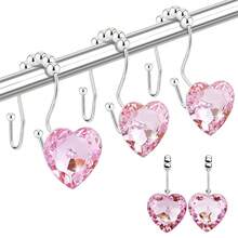 Shower Curtain Hooks Rings For Bathroom, 12PCS Valentines Day Heart Stainless Steel Rust Resistant Decorative Rhinestones Double Shower Hooks Hangers For Shower Curtains, Clothing, Etc.,DoubleHookPink - 雙鉤粉紅 - 查看 1