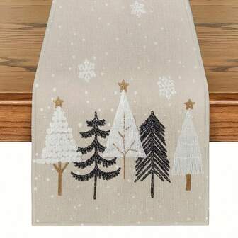 1 pieza Mantel decorativo navideño - Diseño de muñeco de nieve y árbol de poliéster, decoración de mesa tejida rectangular, adecuado para fiestas navideñas interiores/exteriores, decoración navideña